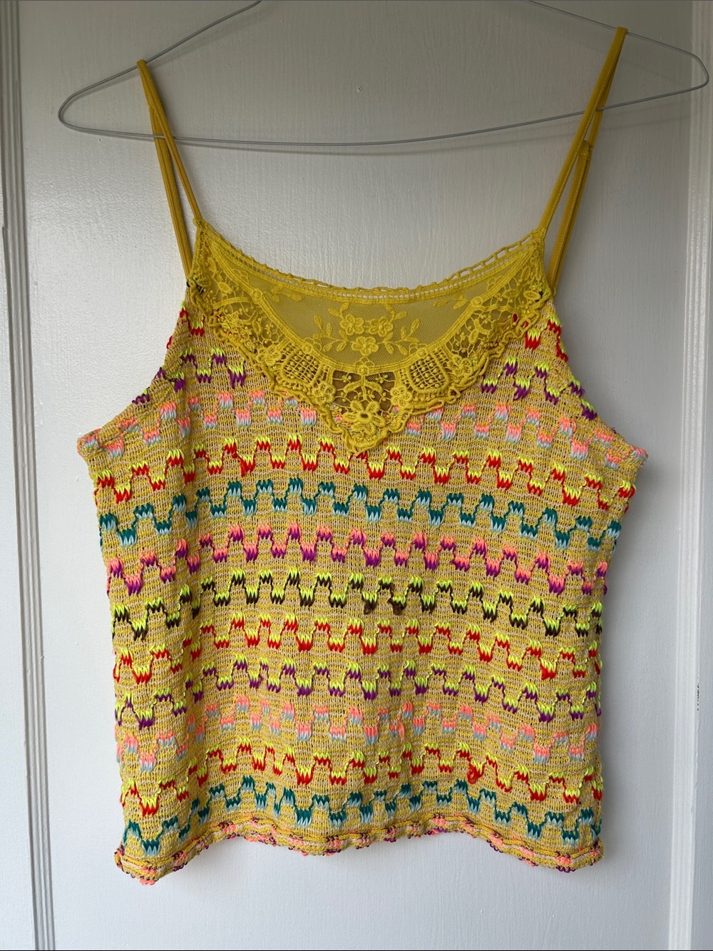 Free People Yellow Crochet Lace-Trim Knit Tank Top - Size Large